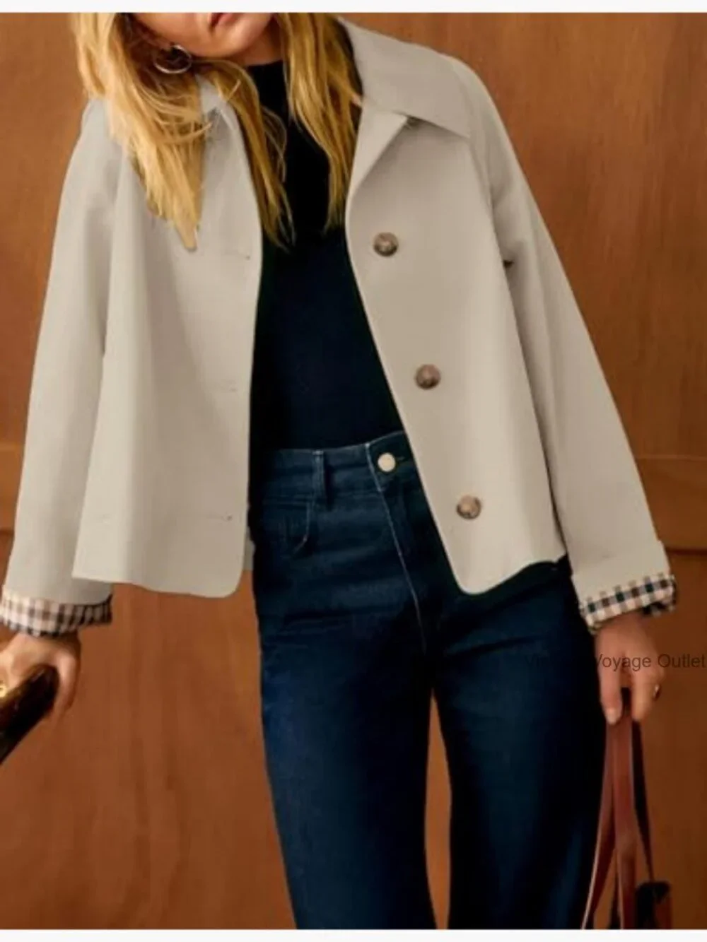 Women's Oversized Trench Coat Casual Jacket with Plaid Lining Pockets - Picture 2 of 7